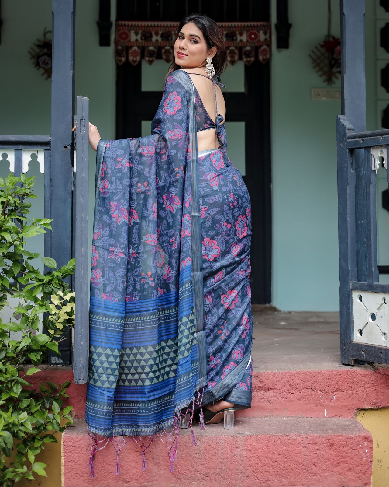 Navy blue color linen printed saree for wedding