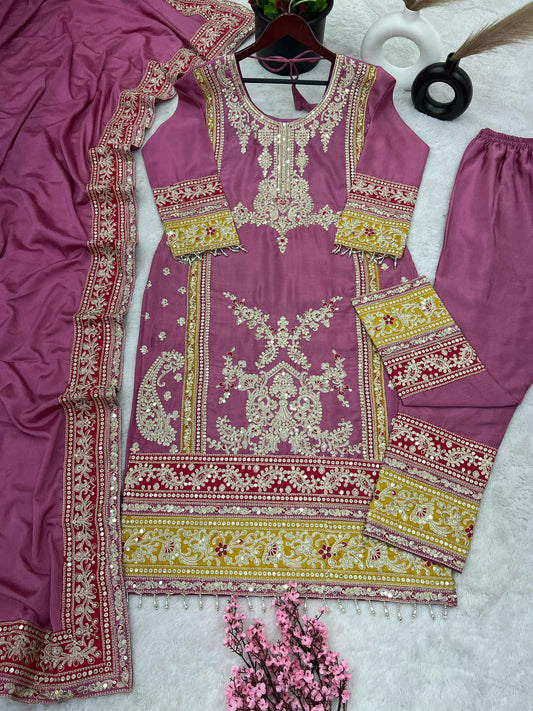 Pink color georgette chinon silk plazzo suit for women