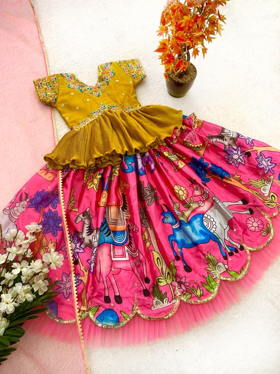 Pink color chinon silk lehenga choli for small girls