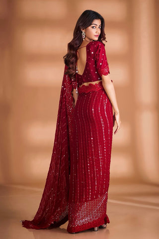 Red Georgette Sequins Saree For Women