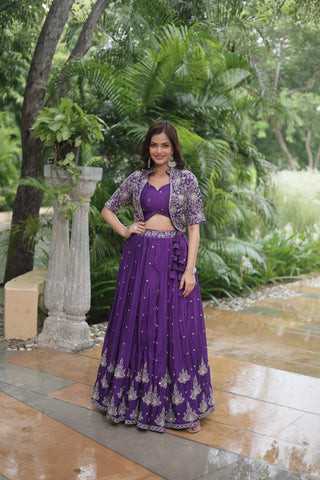 Purple color georgette lehenga choli with koti images