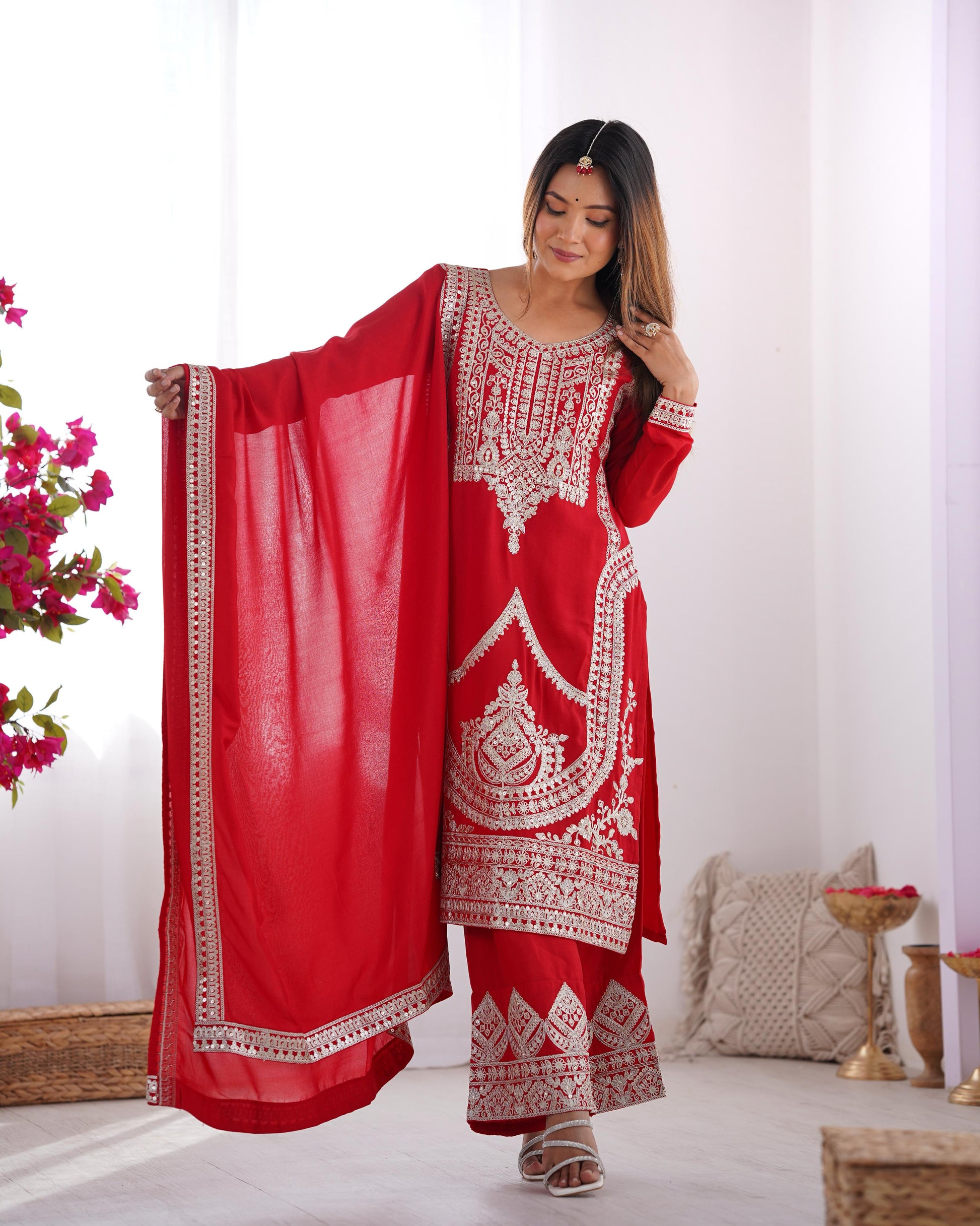 Red color vichitra silk sharara suit for women
