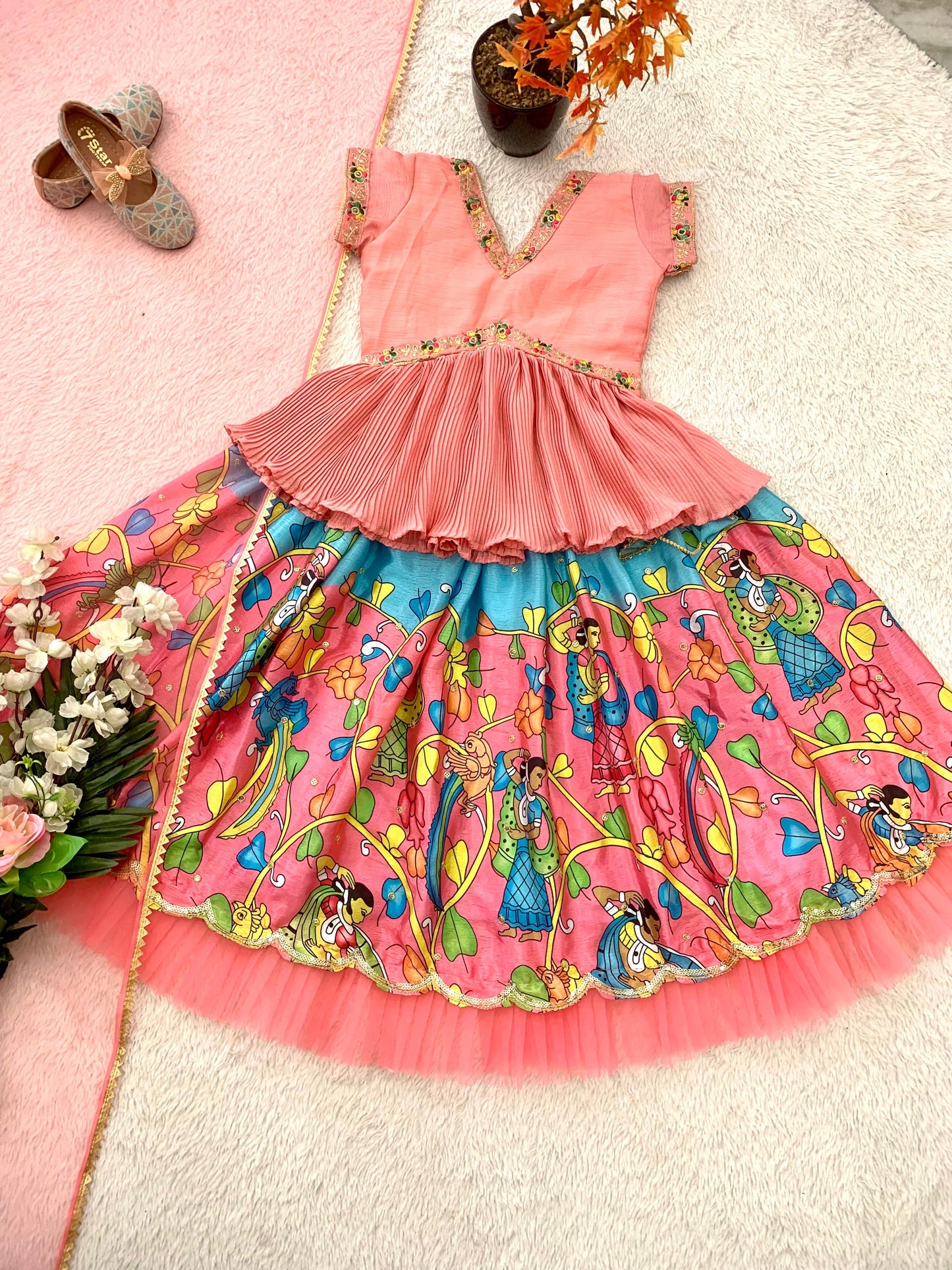 Peach color kids chinon silk chaniya choli for party