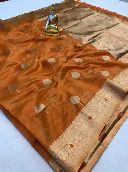 Brown color organza silk saree for wedding