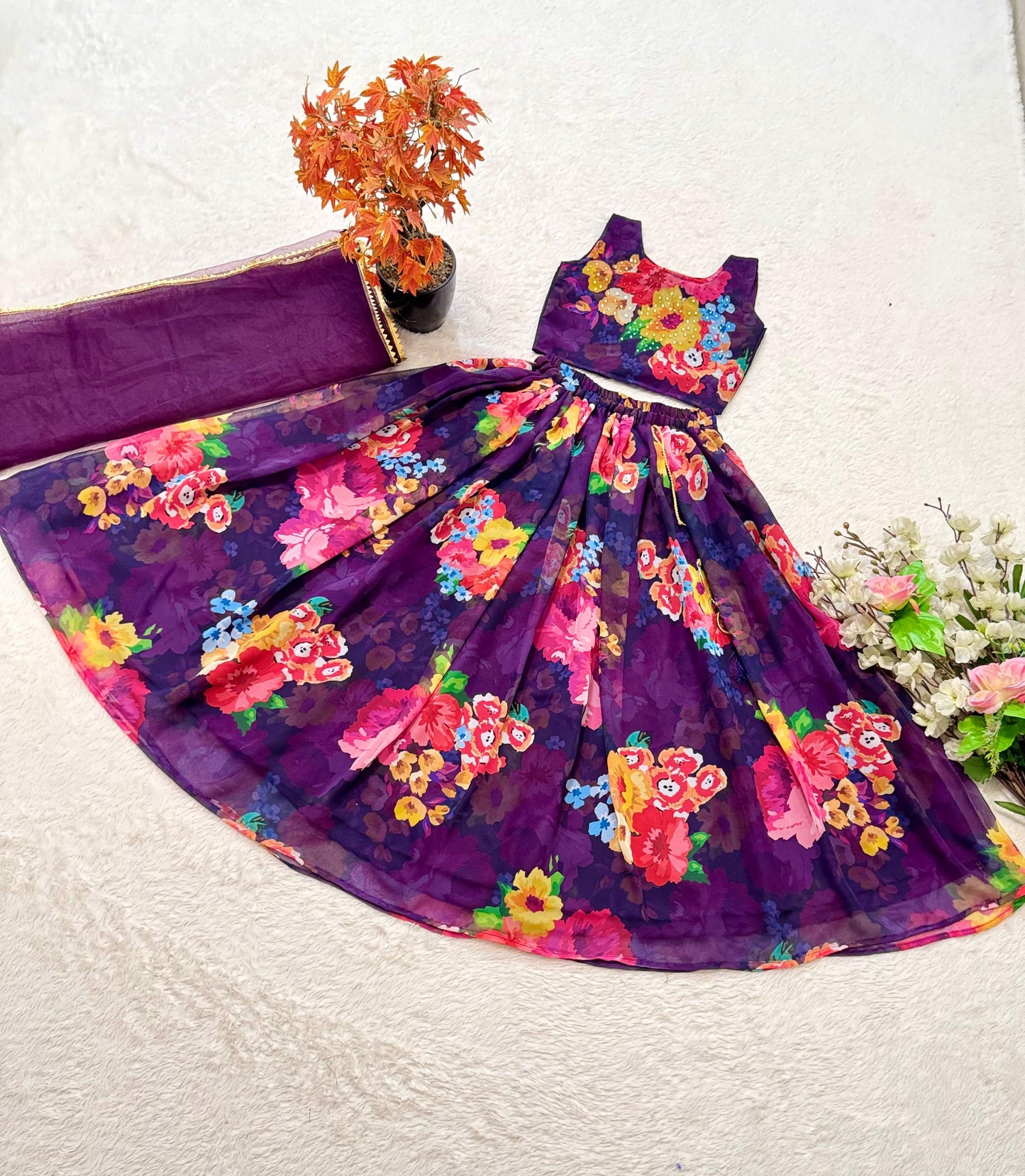 Purple color georgette lehenga with top for small girls design
