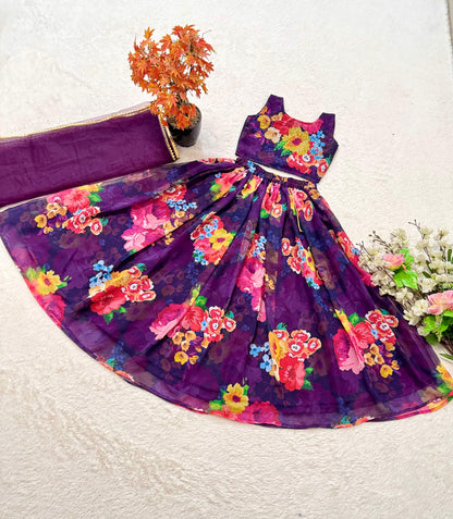 Purple color georgette lehenga with top for small girls design
