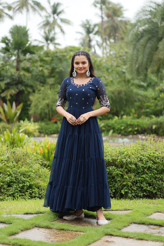 Women navy blue sequins work gown
