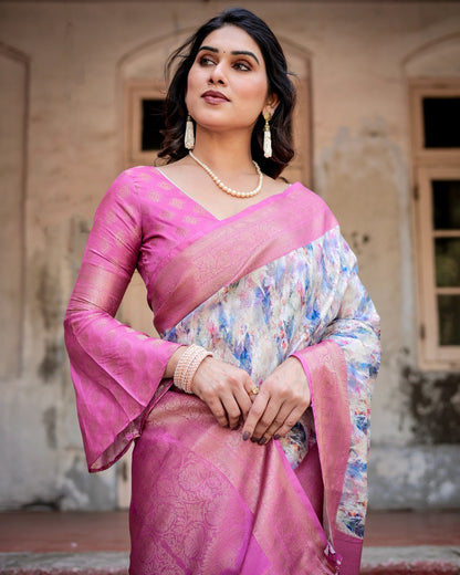 Pink color banarasi silk saree with blouse for online