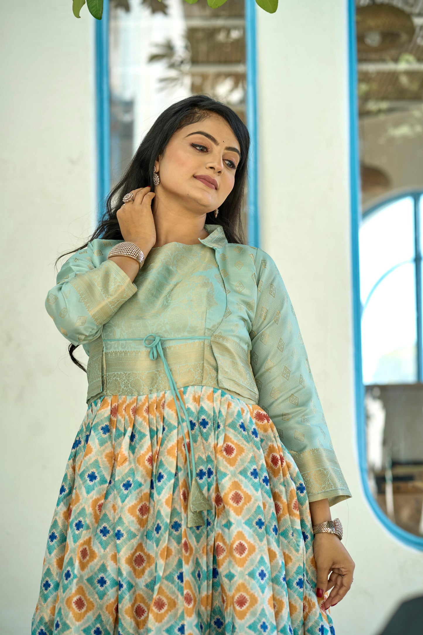 Firozi color soft silk long gown with koti price
