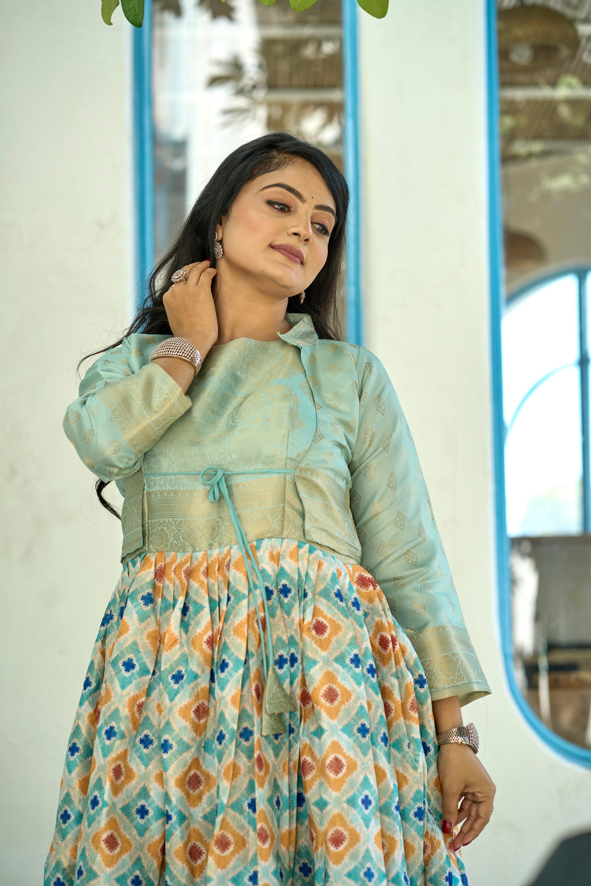 Firozi color soft silk long gown with koti price
