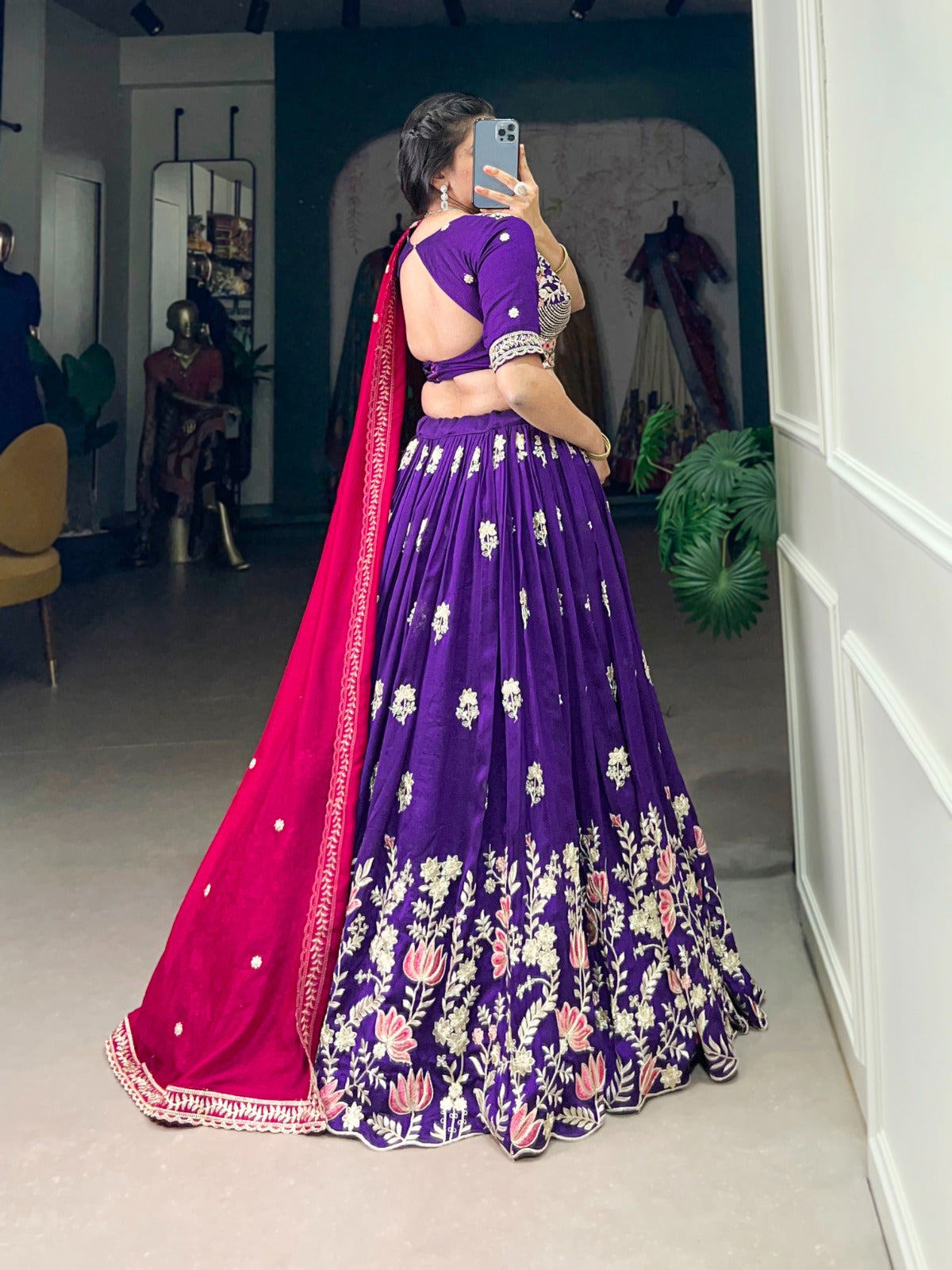 Purple color vichitra silk lehenga choli images