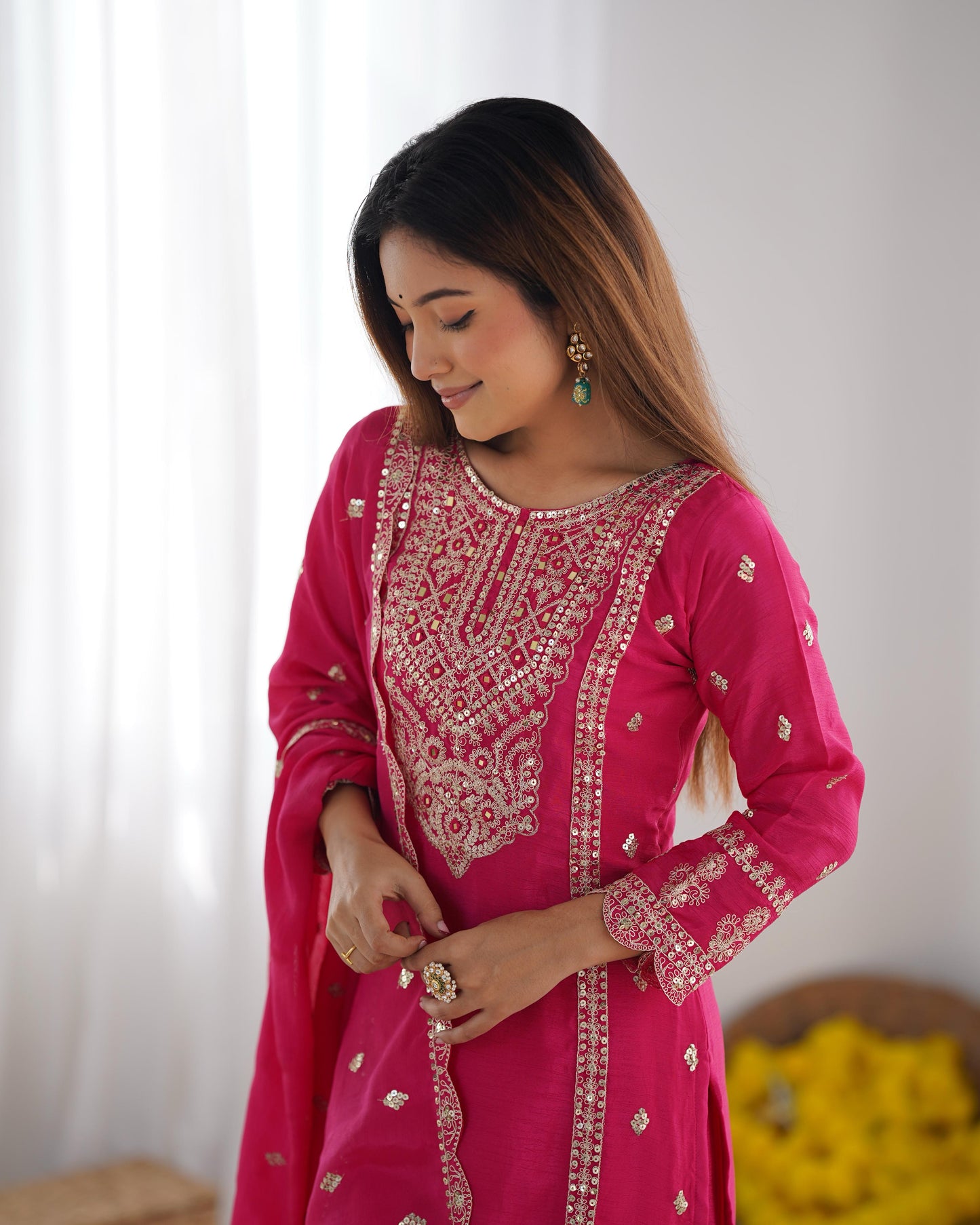 Pink color chinon silk salwar suit for wedding