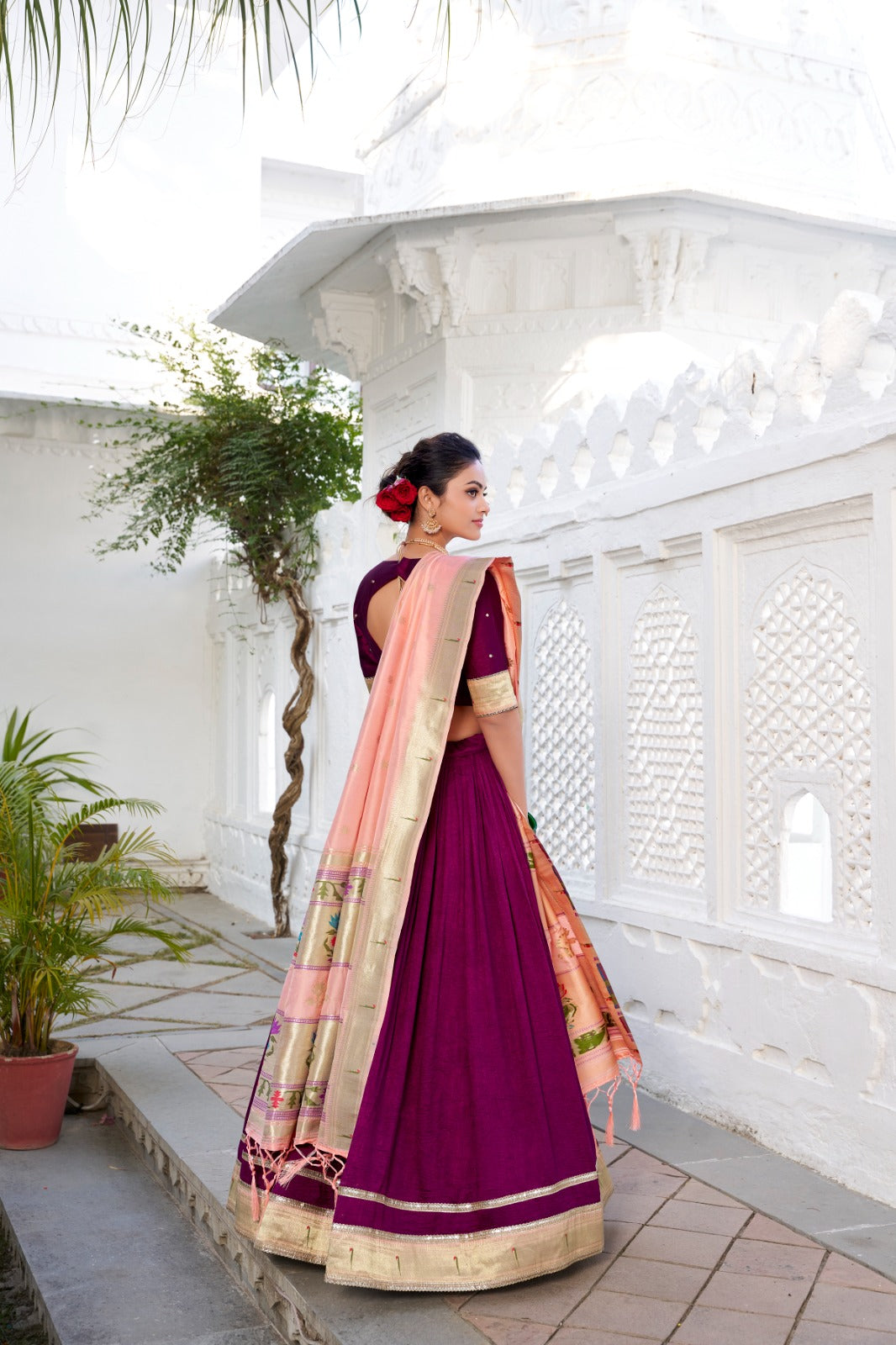 Wine color vichitra silk lehenga choli with dupatta images