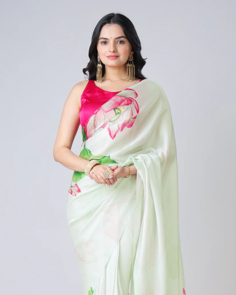 Pista color japan satin saree with blouse online shopping