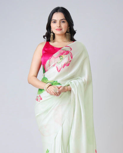 Pista color japan satin saree with blouse online shopping