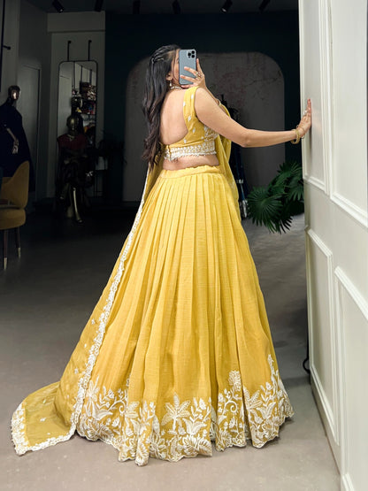 Yellow color gold crush lehenga choli with dupatta price