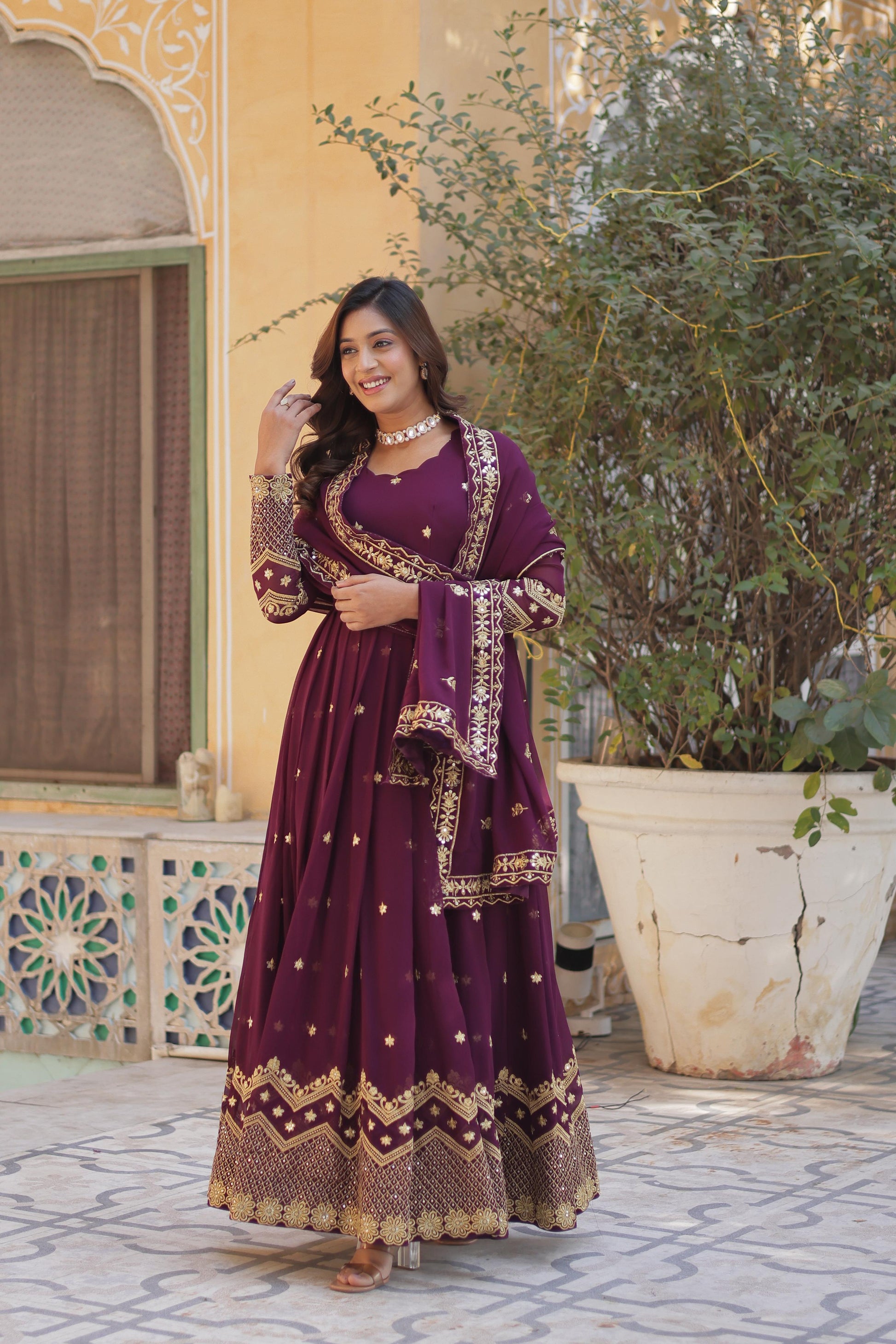Wine color faux blooming long gown 