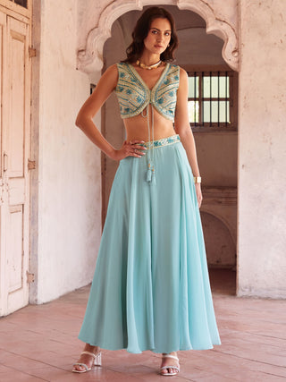 Stunning Sky Blue Mirror Work Ready to Wear Lehenga Choli