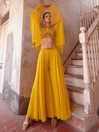 Yellow Georgette Mirror Work Crop Top Palazzo with Shrug