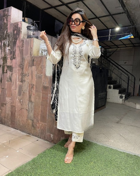 Off white color viscose chanderi salwar suit for women with dupatta
