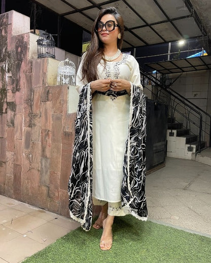 Off white color viscose chanderi salwar suit for women price
