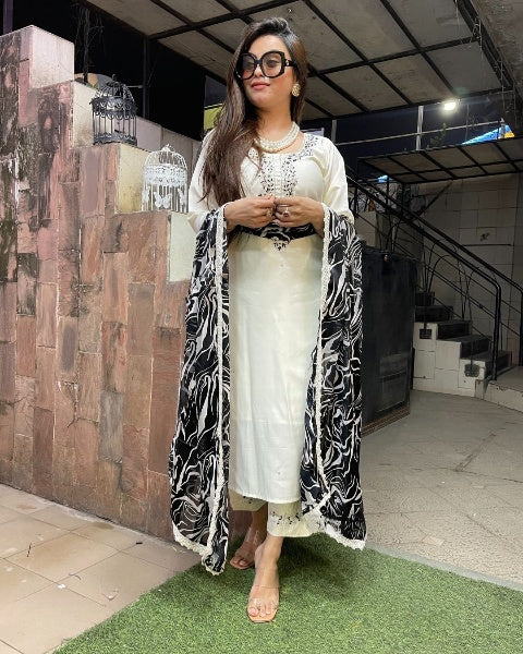 Off white color viscose chanderi salwar suit for women price
