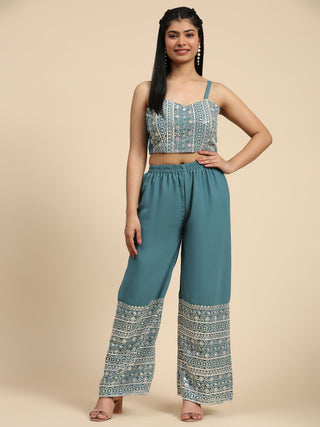 Modern Pastel Blue Georgette Readymade Top Palazzo with Shrug