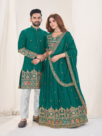 Turquoise color georgette couple wear wedding
