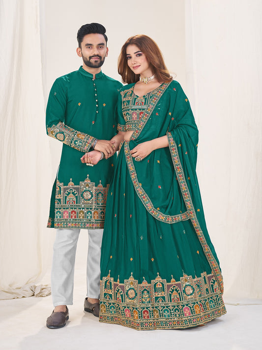 Turquoise color georgette couple wear wedding
