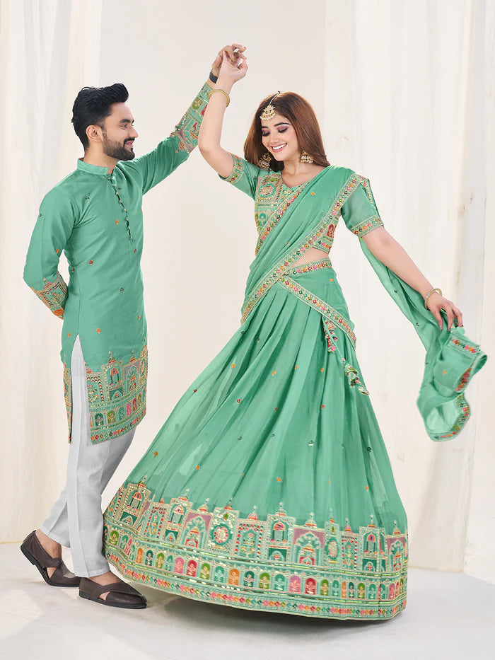 Green color georgette mens kurta matching lehenga choli