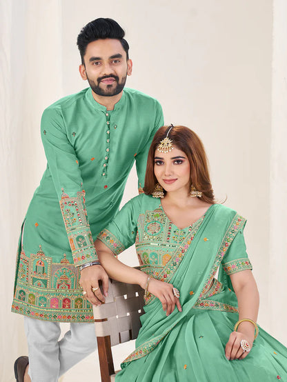 Couple wear green color outfits for enegagement 