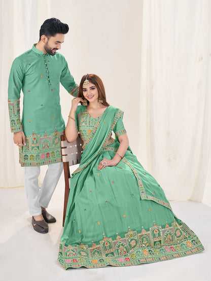 Emerald green color georgette couple wear wedding