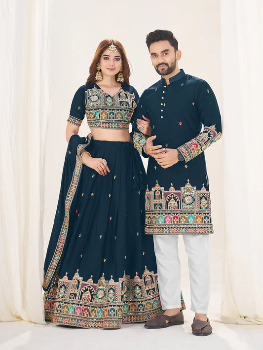 Navy blue color georgette couple wear wedding with dupatta
