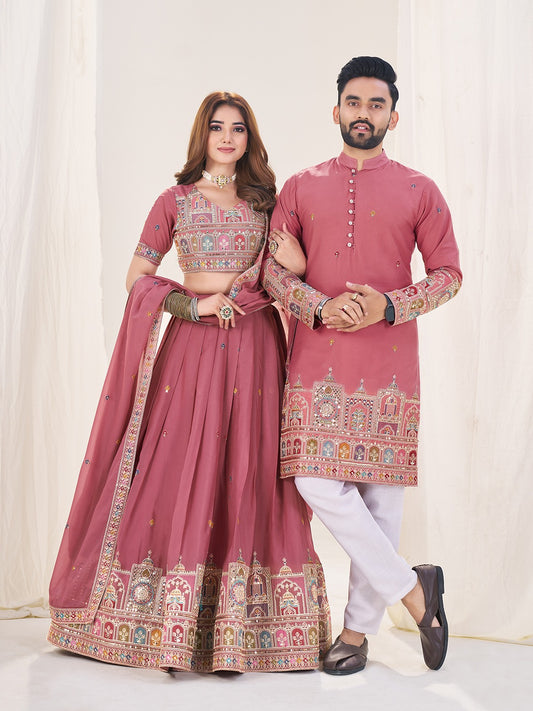 Light pink color georgette couple wear outfits
