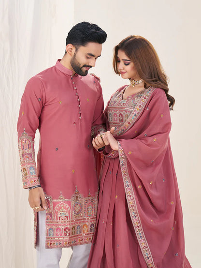 Pink color georgette couple wear outfits price