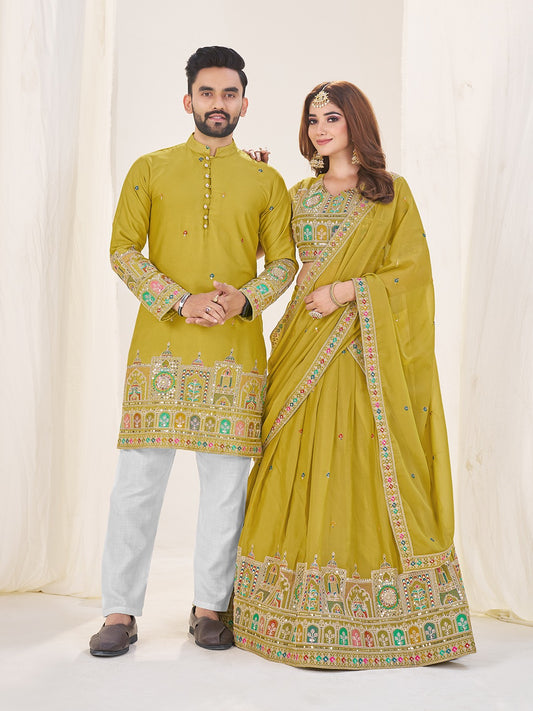 Sage green color georgette couple wear outfits
