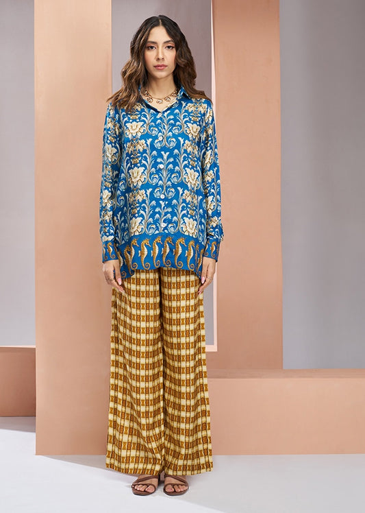 Royal blue color muslin silk top and pant