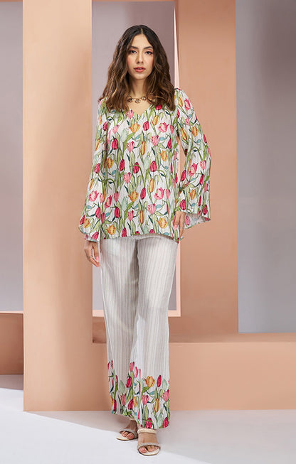 White color pure muslin silk co-ord set for women