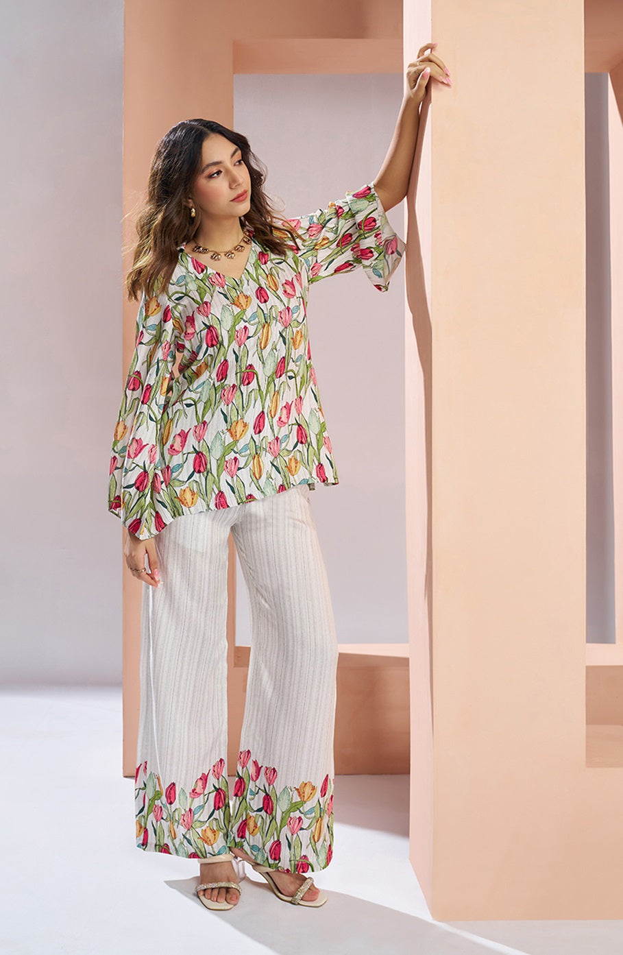 White color pure muslin silk co-ord set for party