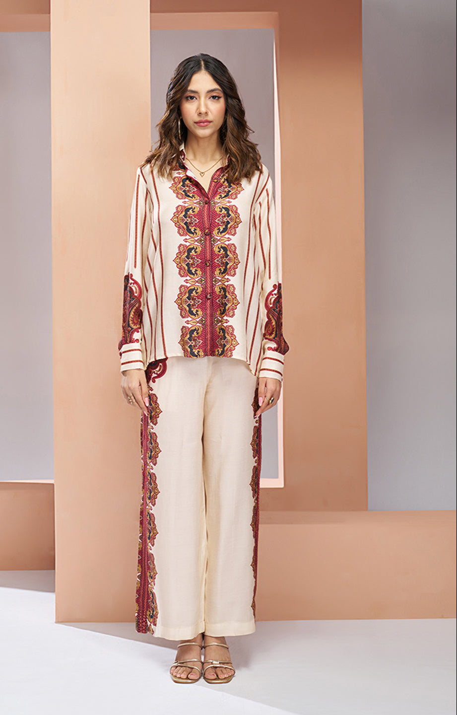Cream color pure muslin silk co ord set for women