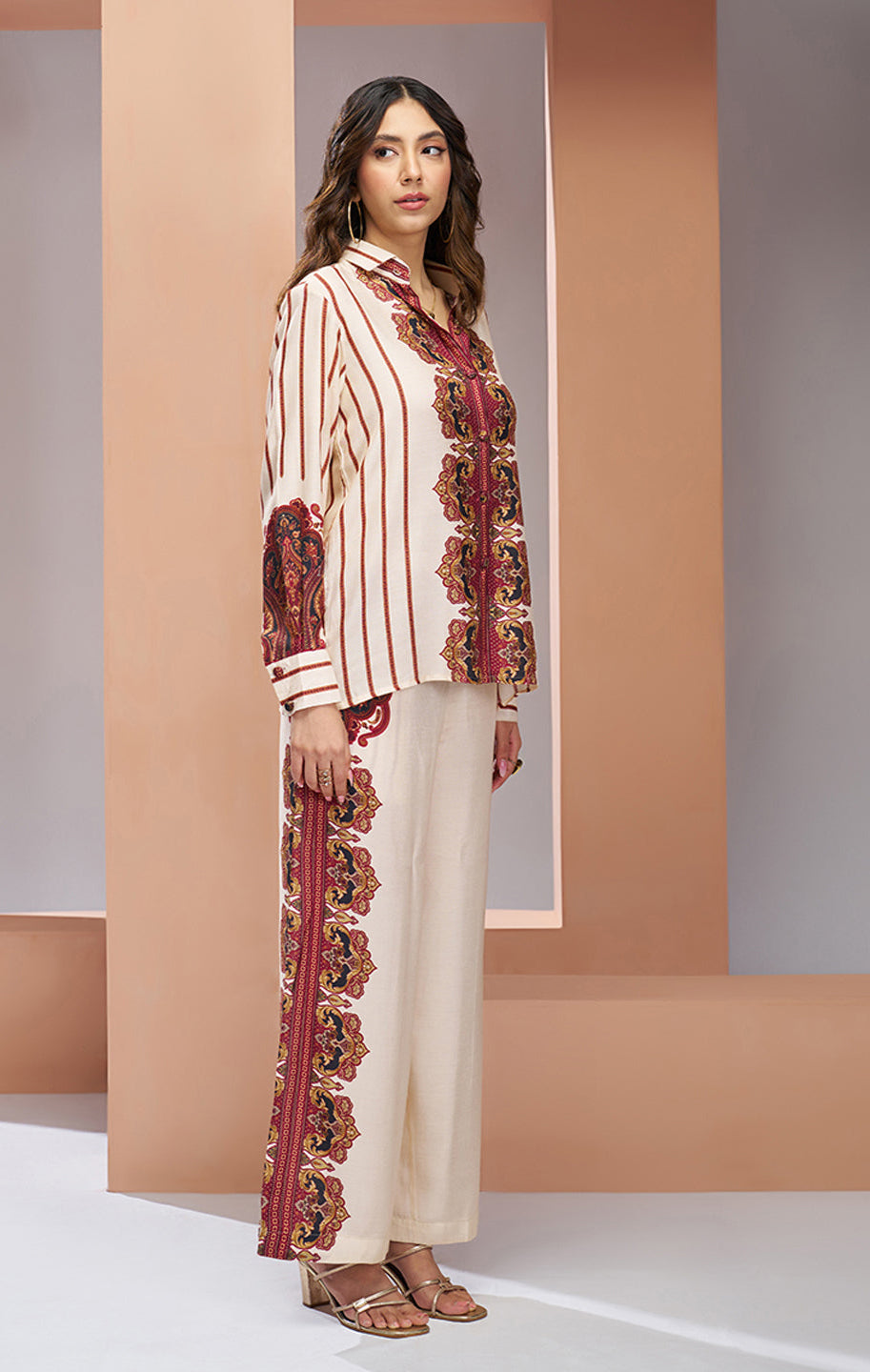Cream color pure muslin silk co ord set online shopping
