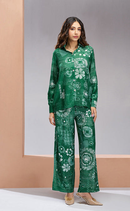 Green color pure muslin silk co ord set online