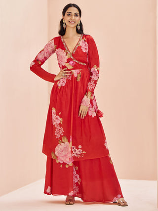 Red color chinon sharara suit for women