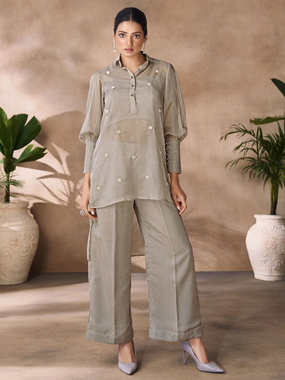Grey color organza co-ord set for women