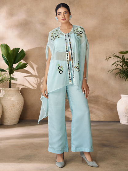 Sky color organza handwork co ord set 