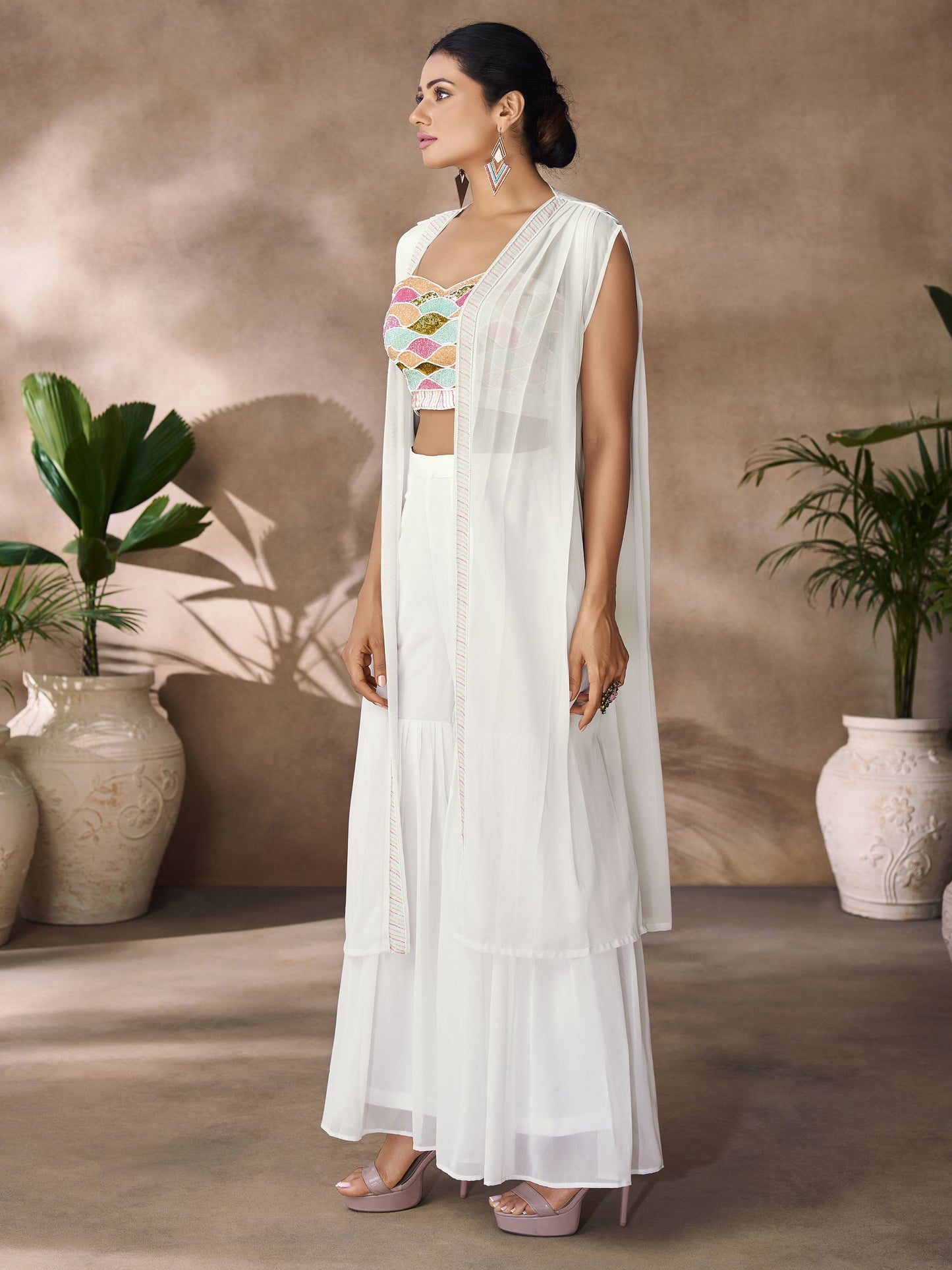 White color georgette co ord set for women