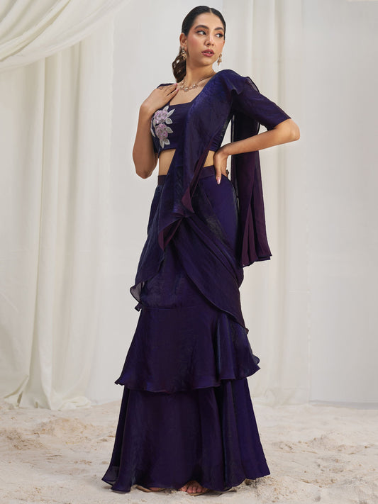 Wine color organza saree for wedding