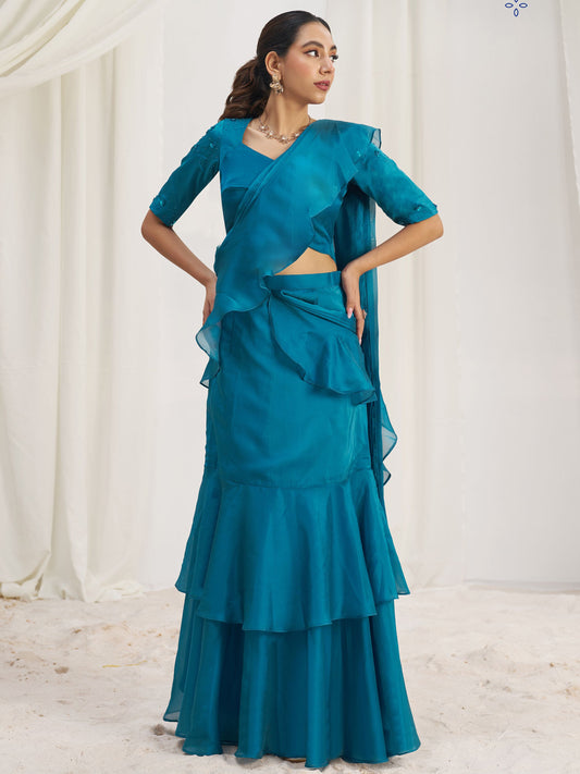 Teal blue color organza saree for wedding