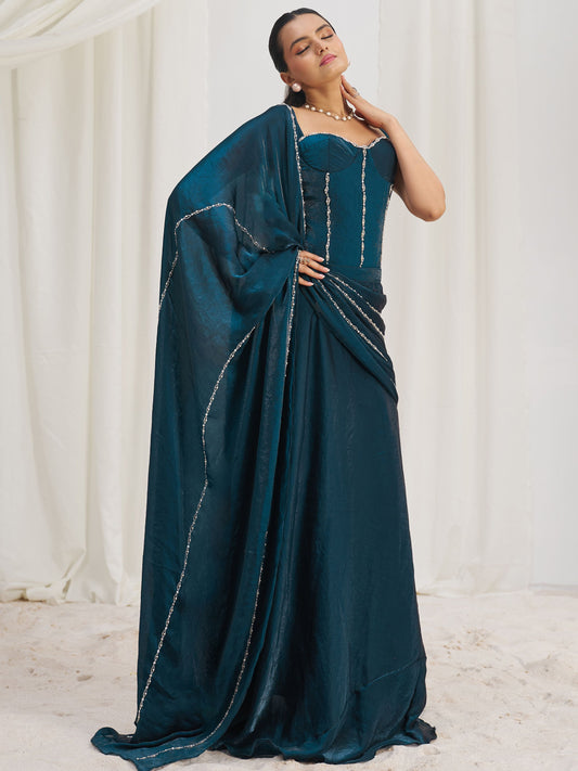 Navy Blue color organza saree for wedding