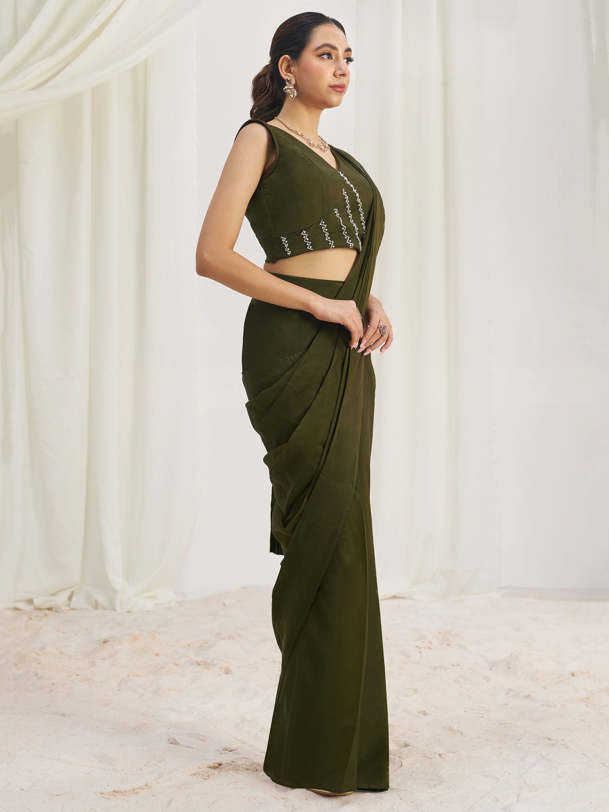 Olive color organza color saree with blouse online